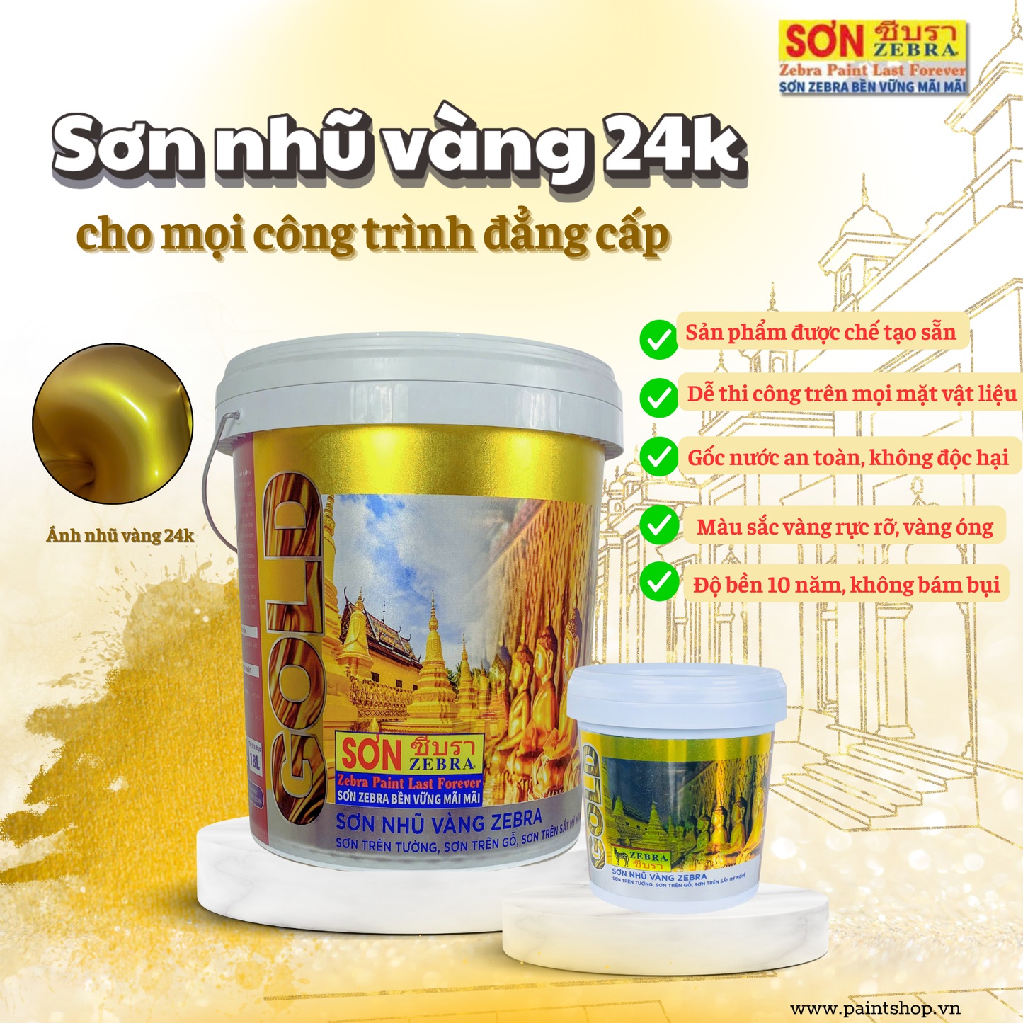 Sơn Nhũ Vàng 24k Zebra Cao Cấp - 18L