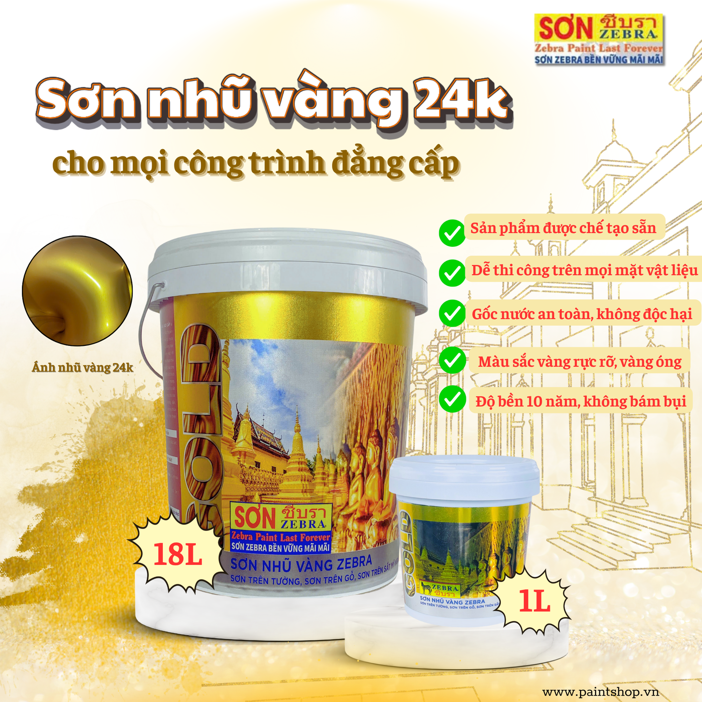 Sơn Nhũ Vàng 24k Zebra Cao Cấp 5L